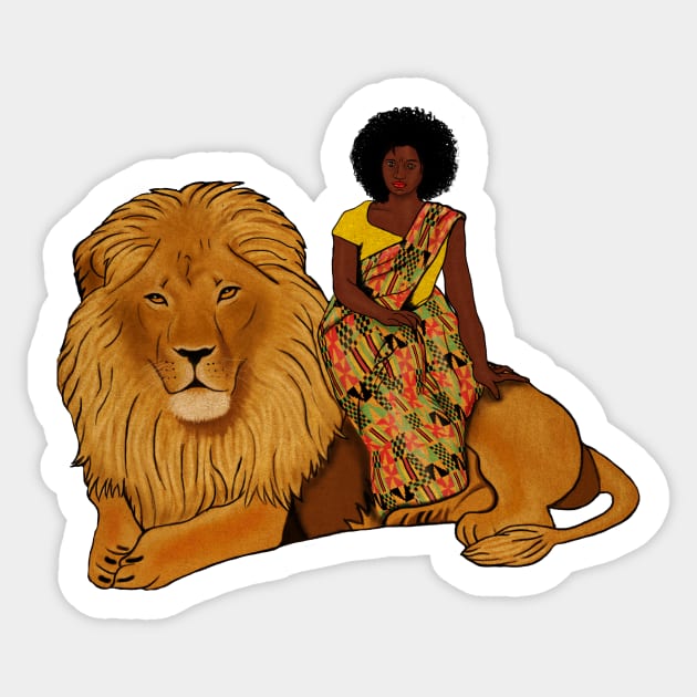 Proud African Afro Woman with Lion and Kente Pattern Sticker by kentevibes